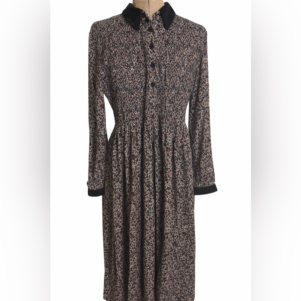 Vintage Smocked  Dress with Velvet trim